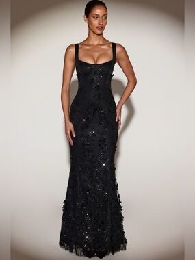 open lace back dress Command Black Plunge-Neck Maxi Dress With Front-High Split  Club L London